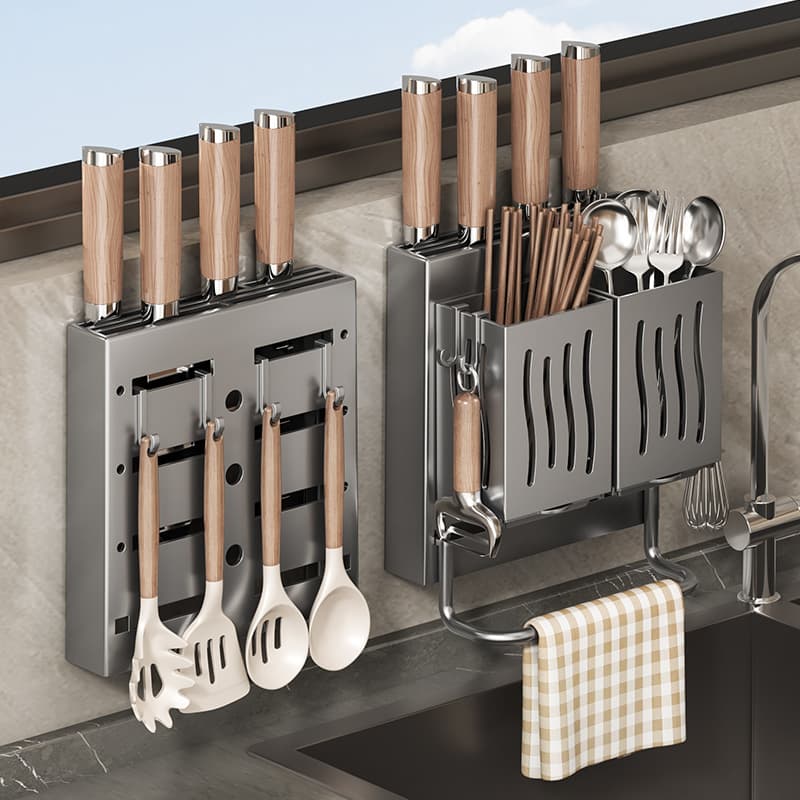 Wall-Mounted Multifunctional Knife Rack, Kitchen Knife Holder with Chopstick Tube, Integrated Storage Rack