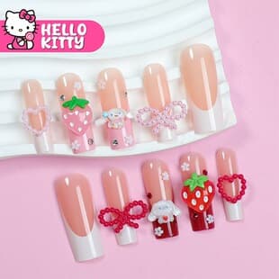 Hot Selling Cartoon 3D Kitty Cat Cute Press-On Nails Long Style Bowknot Love Strawberry Exquisite Nail Art Wholesale