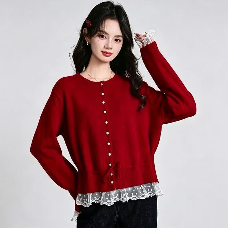Xiaoxiangfeng lace pearl button sweater women's spring new style waist tie fake two-piece sweater top