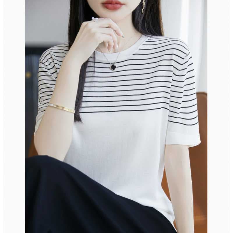 Black and White Striped Round Neck Knitted Short Sleeve Top for Women, Summer Loose Short Sleeve T-Shirt, Tencel Skin-Friendly Breathable Thin Top