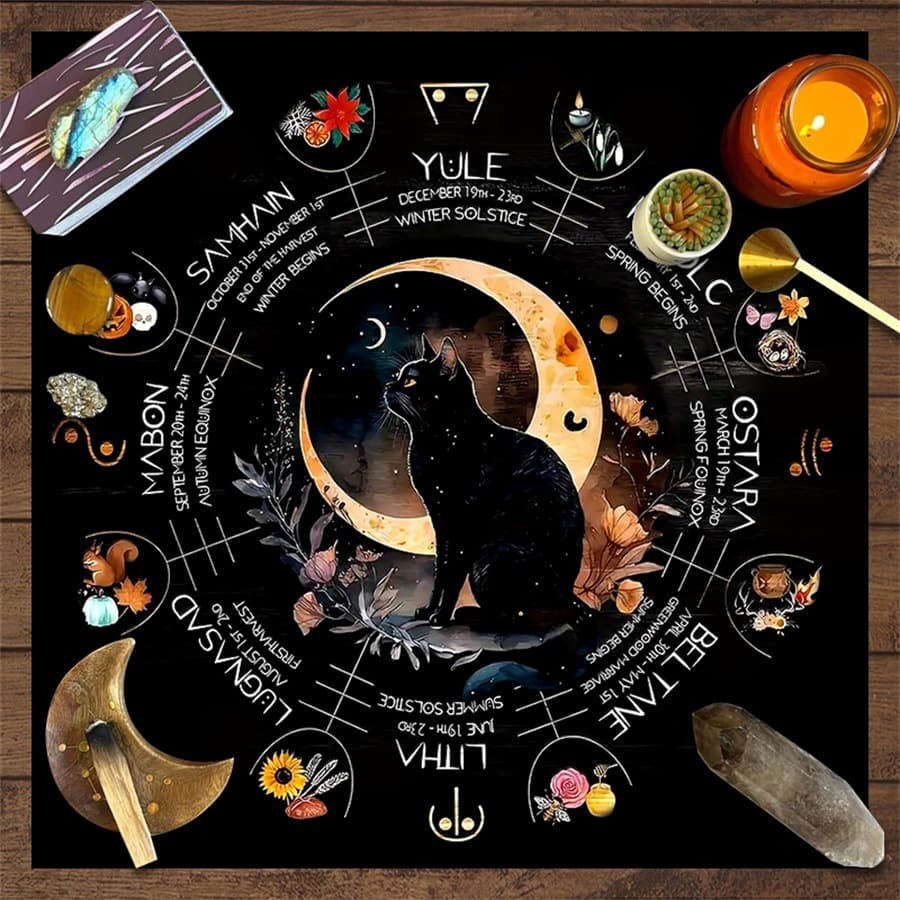 Mystical Cat Moon Phase Energy Symbol Altar Cloth Five-Pointed Star Tarot Black Oracle Cloth Tarot Table Cloth Mat