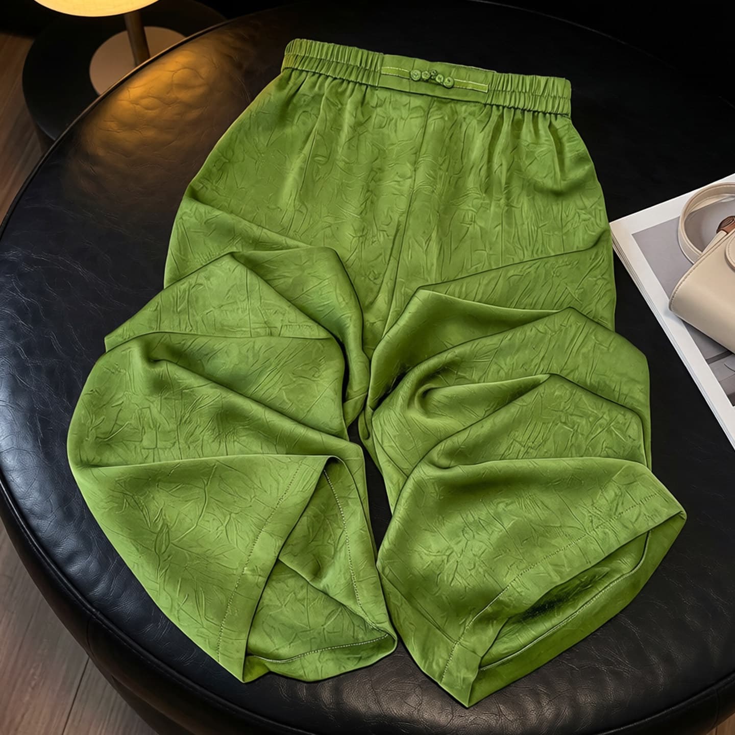 National style green acetate wide-leg pants for women summer 2026 new loose slimming cool pants satin jacquard straight pants