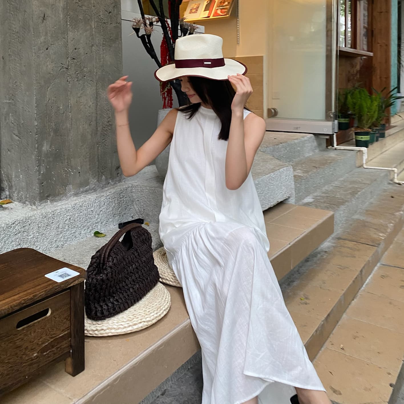 8391 Suyu Simple Tie-Waist Flared Sleeveless Dress Loose Slimming Age-Defying Elegant Casual Vacation Long Dress