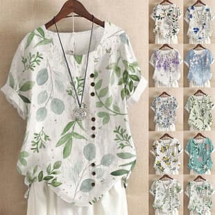 2024 Summer Amazon AliExpress Vintage Cotton-Linen Style Print Loose Casual Short Sleeve T-Shirt for Women