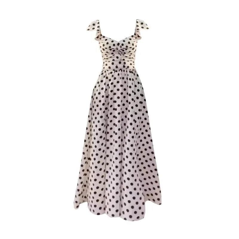 French Polka Dot Dress Women Summer Elegant Beach Vacation Butterfly Sleeve Waist A-Line Long Dress