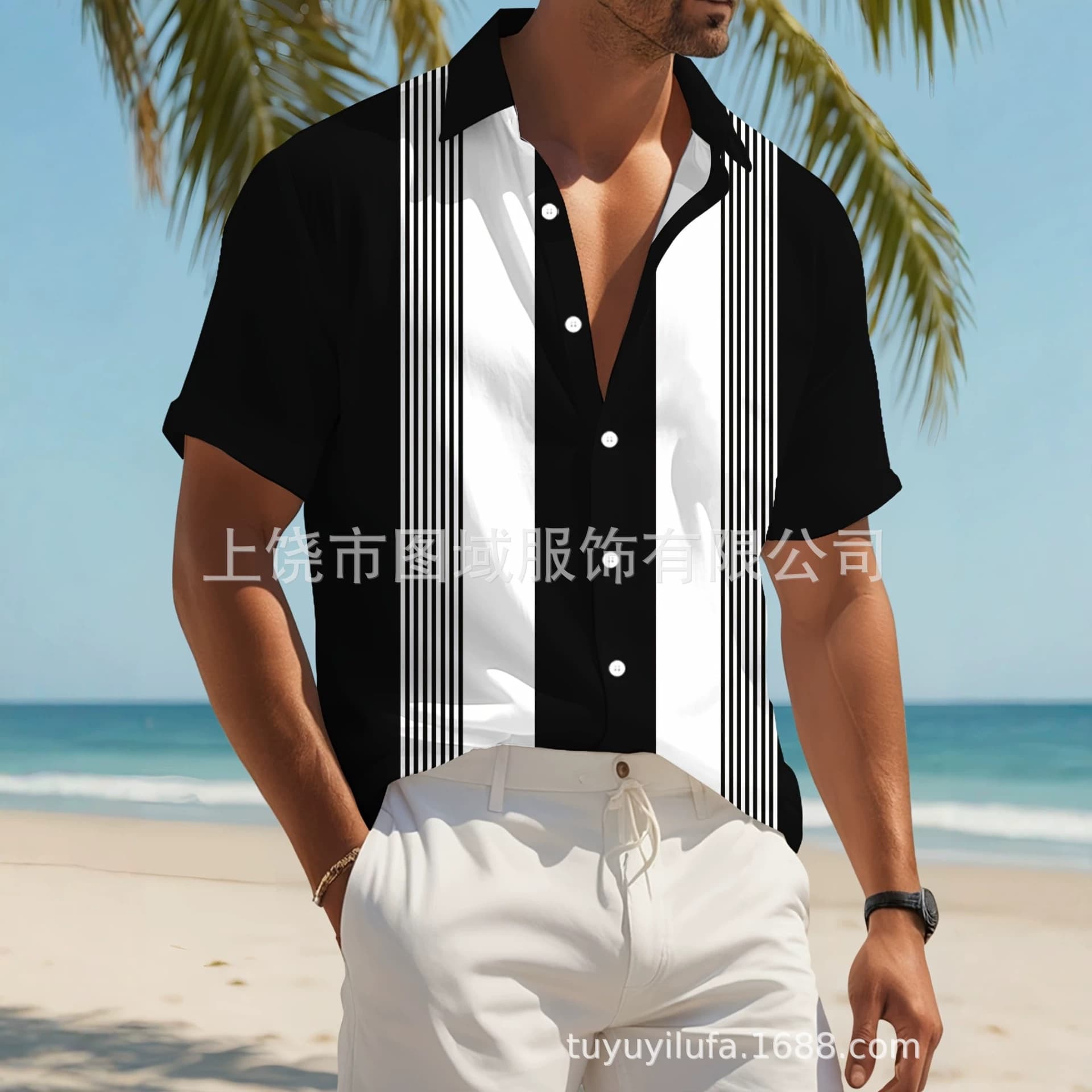 European and American functional style binary barcode symbol printed men's shirt loose and breathable lapel short-sleeved cardigan