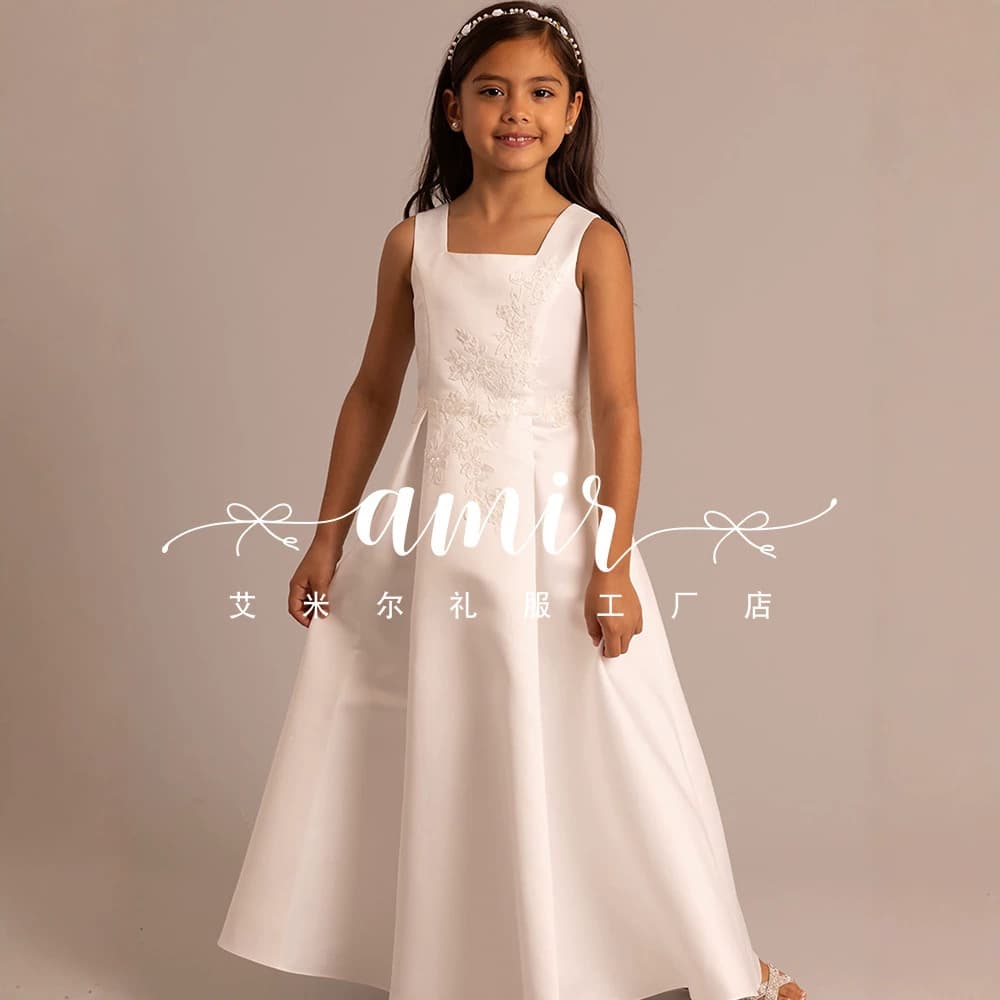 Cross-border Trade White Satin Long Dress for Girls Piano Performance Hosting Children's Wedding Dress Birthday Princess Dress