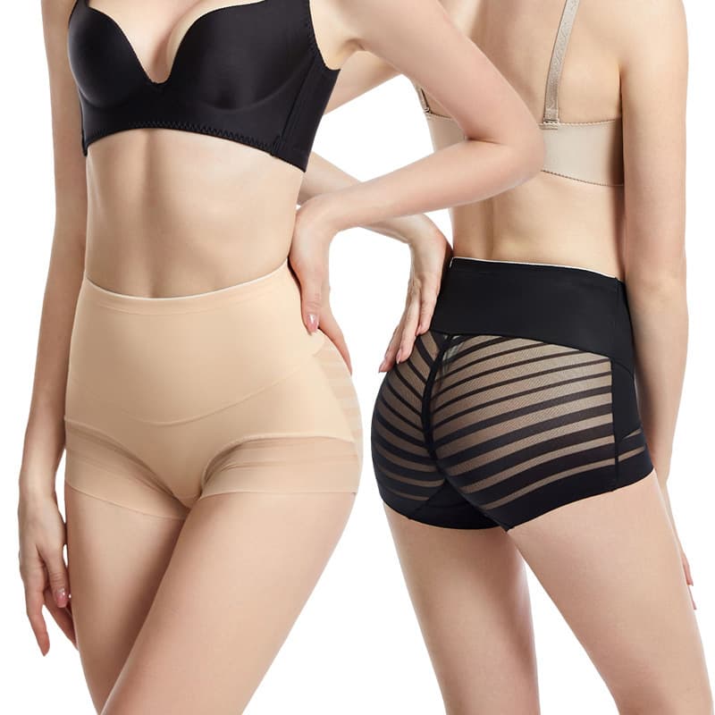 Women's High-Waist Shapewear Panties with Striped Pattern, Lace Trim, Double-Layer Tummy Control, Plus Size