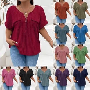 2025 Amazon Spring/Summer New Solid Color Plus Size Women's Top Zipper Short Sleeve Fake Pocket Pullover T-Shirt Loose