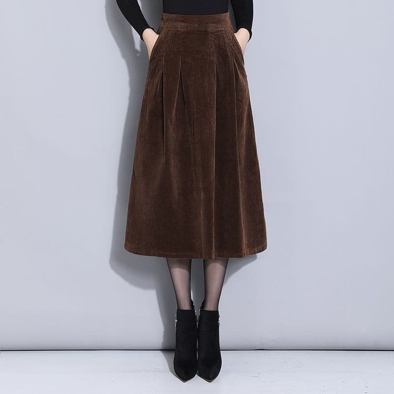 Autumn/Winter New Corduroy Mid-Length A-Line Skirt, High-Waist Slimming Pleated Casual One-Step Skirt