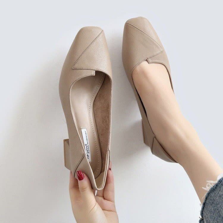 2025 Spring Autumn Chunky Heel Flats Women Mid Heel Shoes French Nude Workplace Versatile Square Toe Grandma Shoes Women Casual