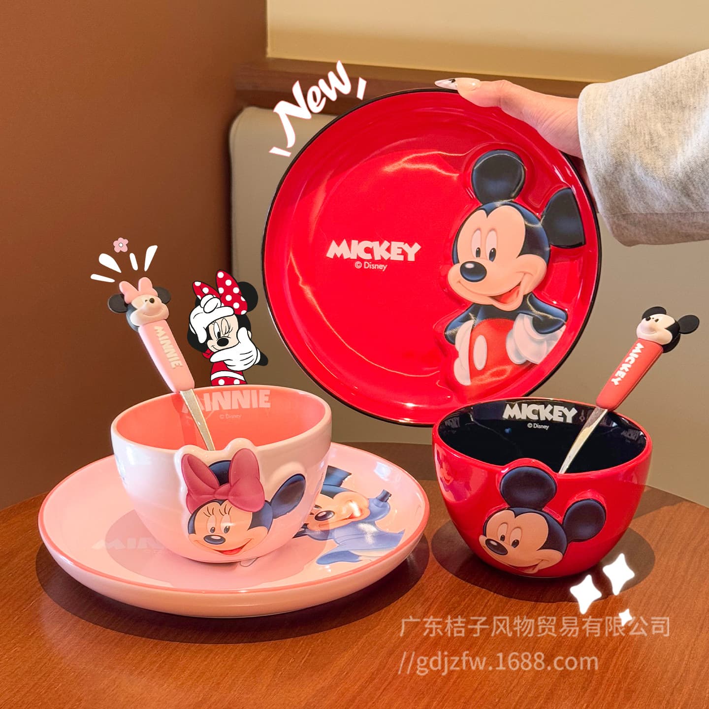 Mickey and Minnie ceramic rice bowl embossed household new high-looking children's bowl personal rice bowl plate tableware