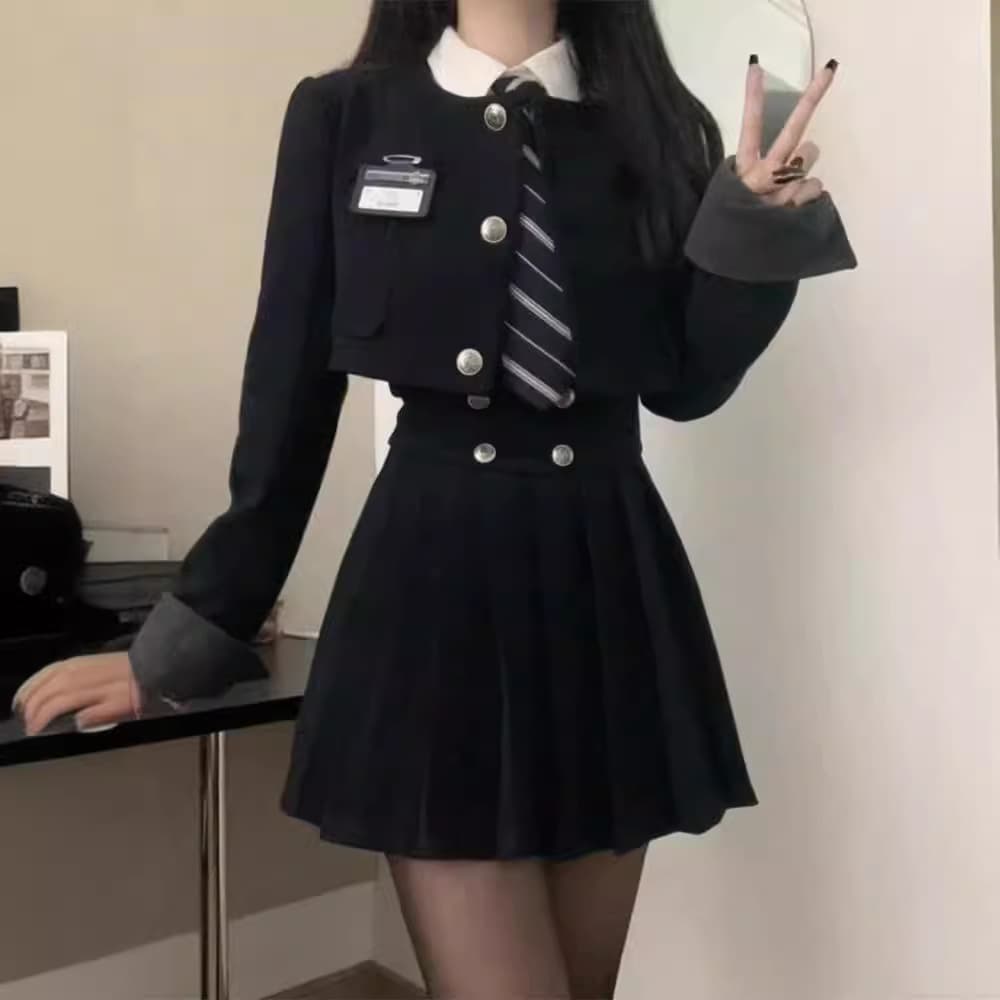Short Blazer JK Uniform American College Style Set for Women, Spring Autumn High-Waist Slimming Pleated Skirt Three-Piece Set