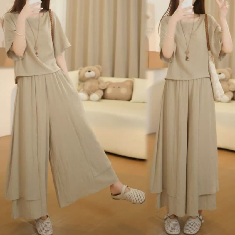Fashionable outfit set for women in summer, Korean style, large size, loose, slim, lazy, temperament top, wide leg skirt and pants, complete set
