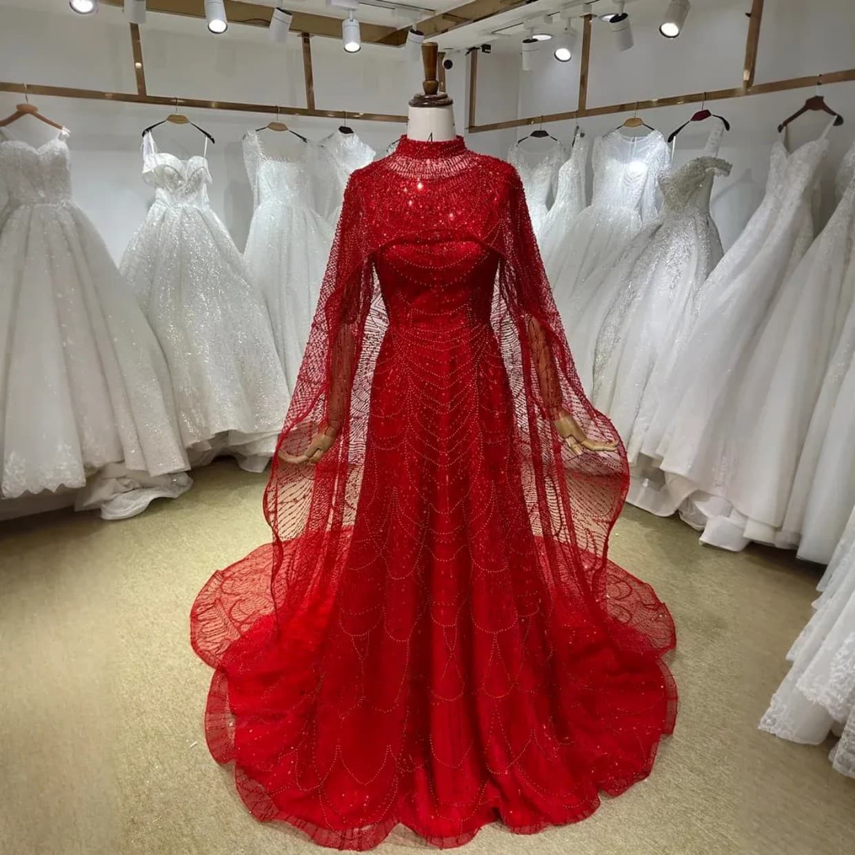 Heavy Craft Full Bead Embroidery Stand Collar Cape Two-Piece Set Design A-Line Small Train Silhouette Slimming Evening Wedding Dress