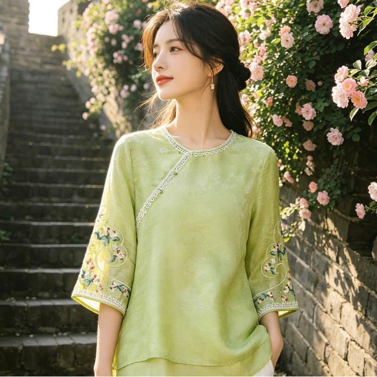 Fresh and elegant embroidery design green thin three-quarter sleeve T-shirt middle-aged and elderly large size women's tops new spring and summer