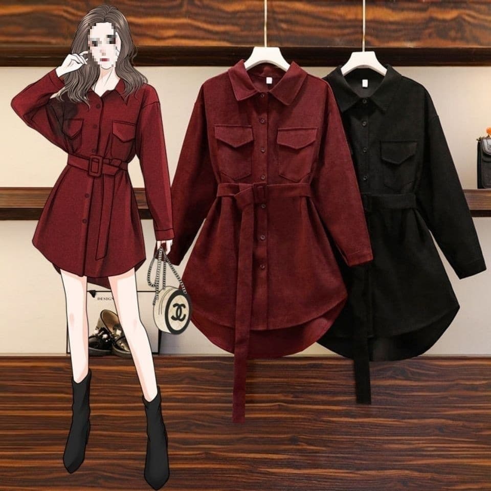 Single-breasted collar corduroy shirt for women, spring/autumn stylish elegant mid-length shirt with belt.