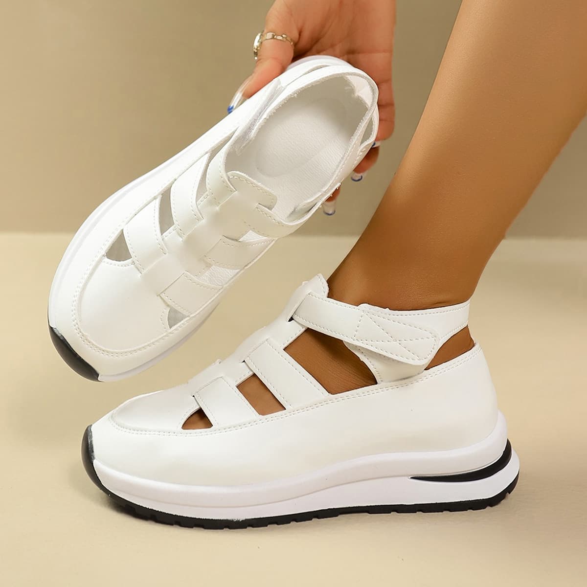 2025 Hollow Out Foreign Trade Plus Size Casual Thick Sole Velcro Breathable Women's Shoes Summer New Wedge Heel Closed Toe Sandals