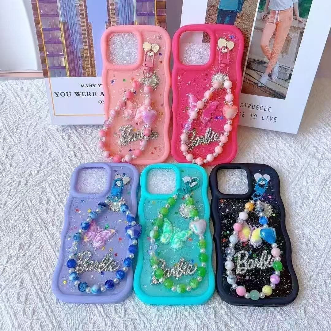 Compatible with iPhone 15, Girl Style, Wavy Edge Resin Diamond DIY Decoration, Pearl Bracelet with Wrist Strap Phone Case