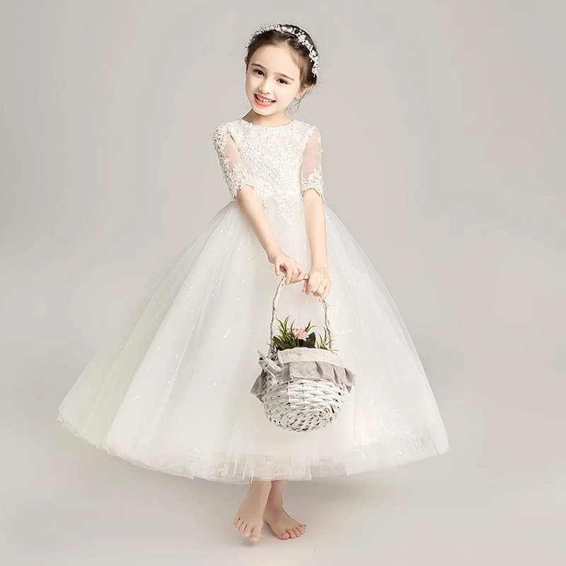 2026 New Children's Formal Dress White Fresh Birthday Tulle Princess Dress for Girls Host Dress