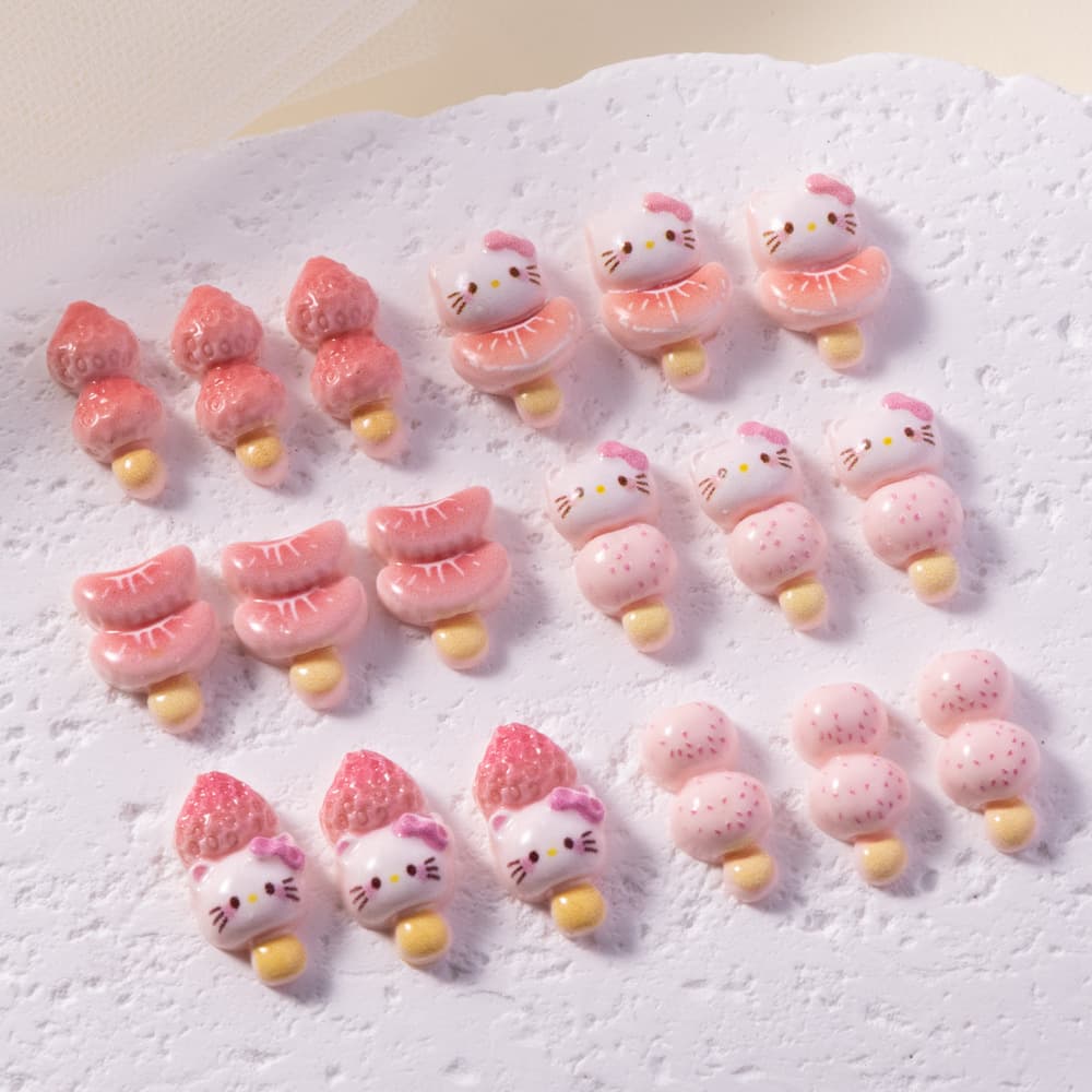 Tanghulu Cartoon Nail Art Decoration Cute 3D Strawberry Cat Resin Rhinestone Earrings Hair Clips Accessories Wholesale