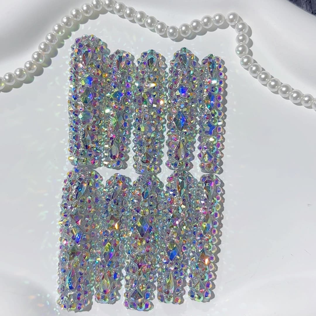 Cross-Border Hot Selling Extra Long 5.0 Heavy Full Rhinestone Water Pipe Nails European and American Style Handmade Wearable Fake Nails
