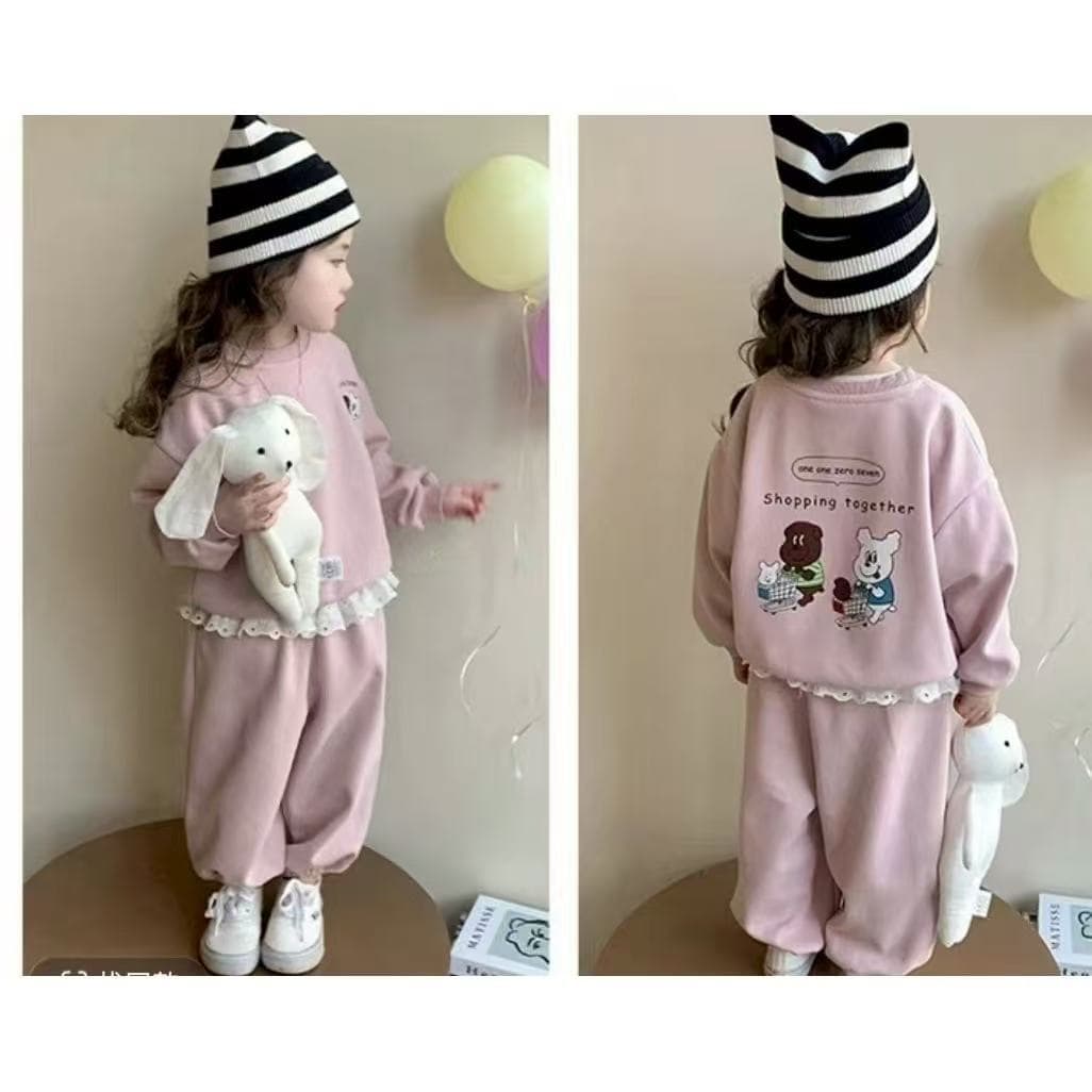 Girls Hoodie Set Spring/Autumn New Cartoon Print Two-Piece Kids Lace Pants Trendy Versatile Set