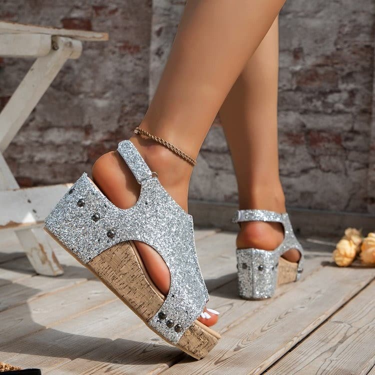 Cross-border Women's Roman Sandals Amazon Sequins Flat Wedge Thick Sole Sandals Plus Size Peep Toe Women's Sandals