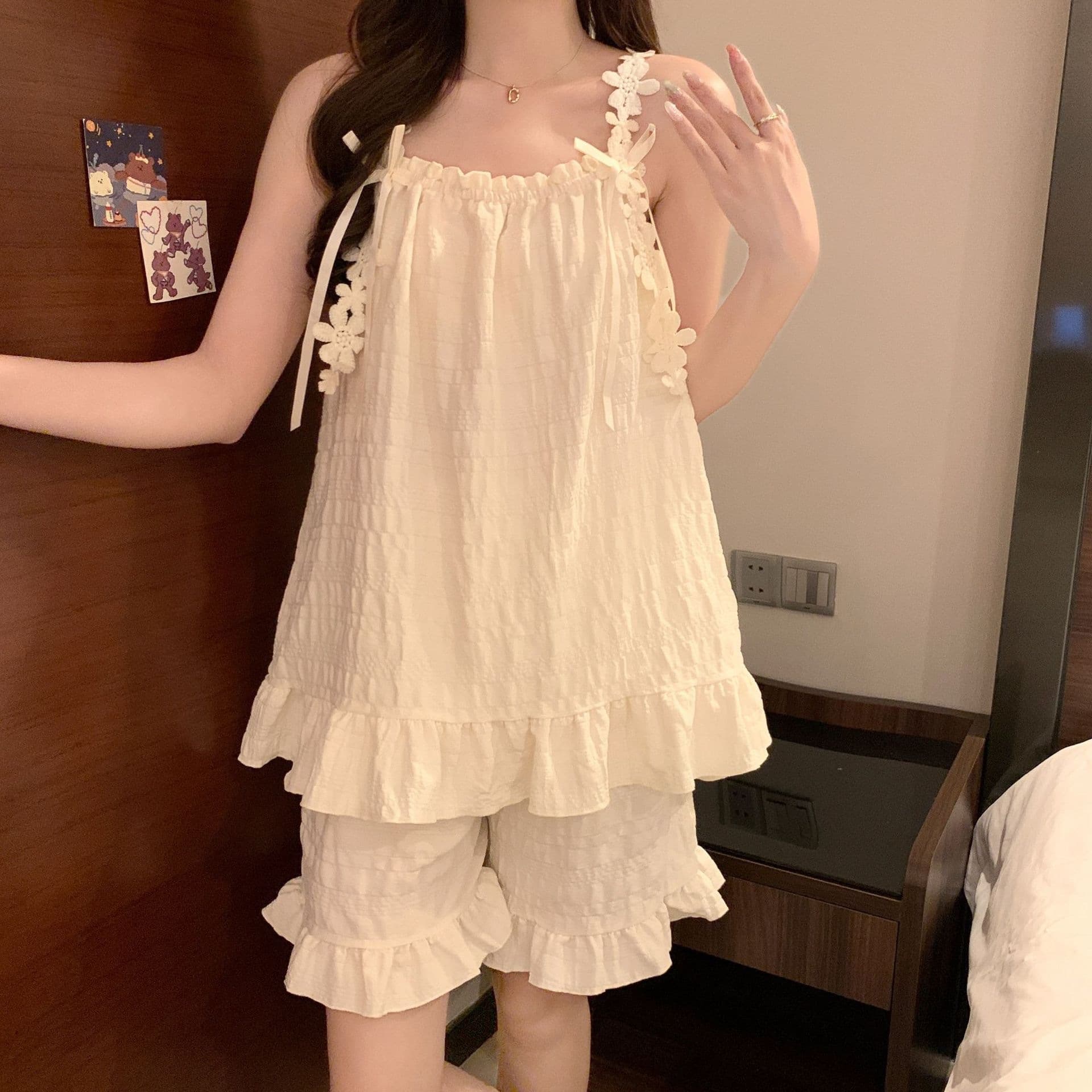 2026 Summer Camisole Pajamas with Padded Bra for Women Cartoon Loungewear Set Korean Cute Pajamas