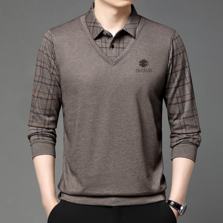 New Autumn Fake Two-Piece Long-Sleeve T-Shirt Men's Business Casual Wear, Color-Blocked Collar Checkered Polo Shirt Top