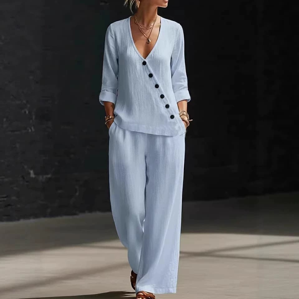 2026 Summer New Women's European and American Cross-Border Minimalist Elegant Loose V-Neck Asymmetrical Button Shirt and Wide-Leg Pants Set