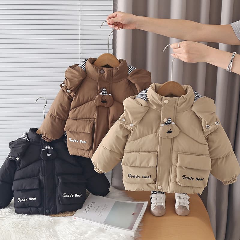 Ins style children's three-dimensional bear cotton coat for toddlers in winter thickened stand-up collar jacket for boys and girls simple and warm for going out