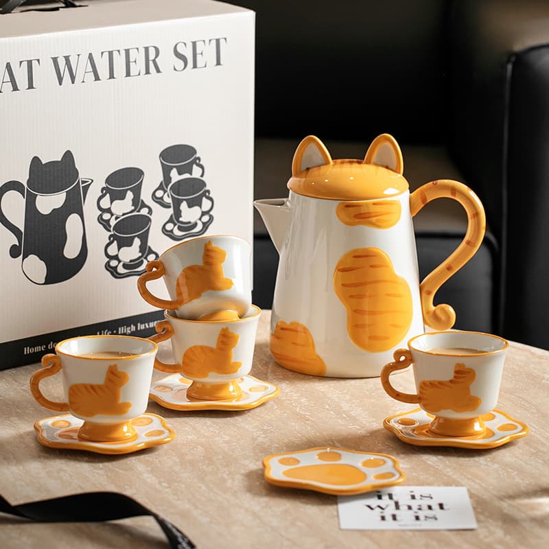 Gift Box Creative Cat Water Cup Set Cute High-End Housewarming Gift Fat Orange Cat Coffee Cup Saucer Pot Wholesale