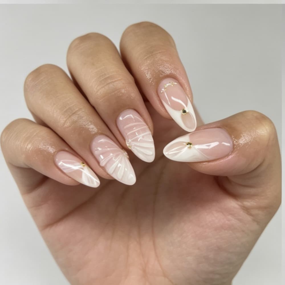 Hot Selling Export Almond Shape Fake Nails, Simple Fashion White Series 3D Water Ripple, Cute Floral Wearable Nails