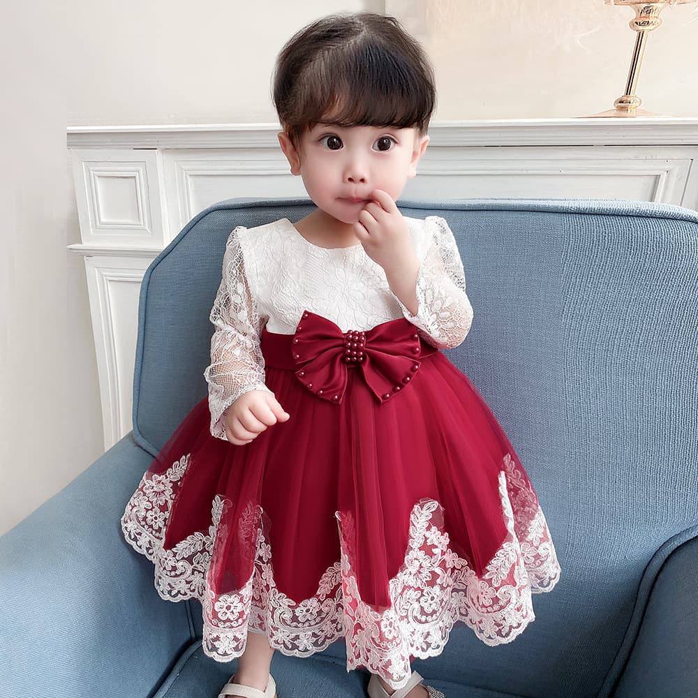Amazon one-year-old dress long-sleeved lace splicing christening dress bow beading girls dress skirt