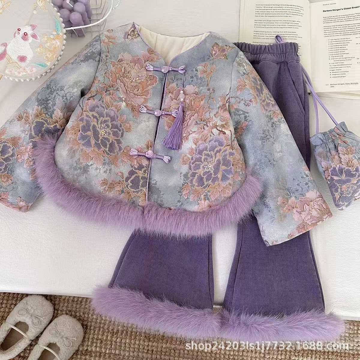 Girl's Chinese Style 2025 Winter New Outerwear with Fleece, Flared Pants Set, Ceremony Dress New Year Outfit