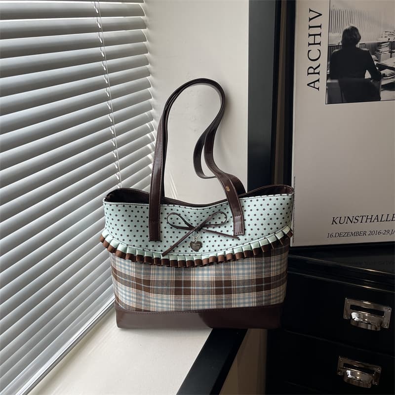 Cross-border niche polka dot plaid tote bag, high-end and temperament women's bag, new fashion and versatile large-capacity armpit bag
