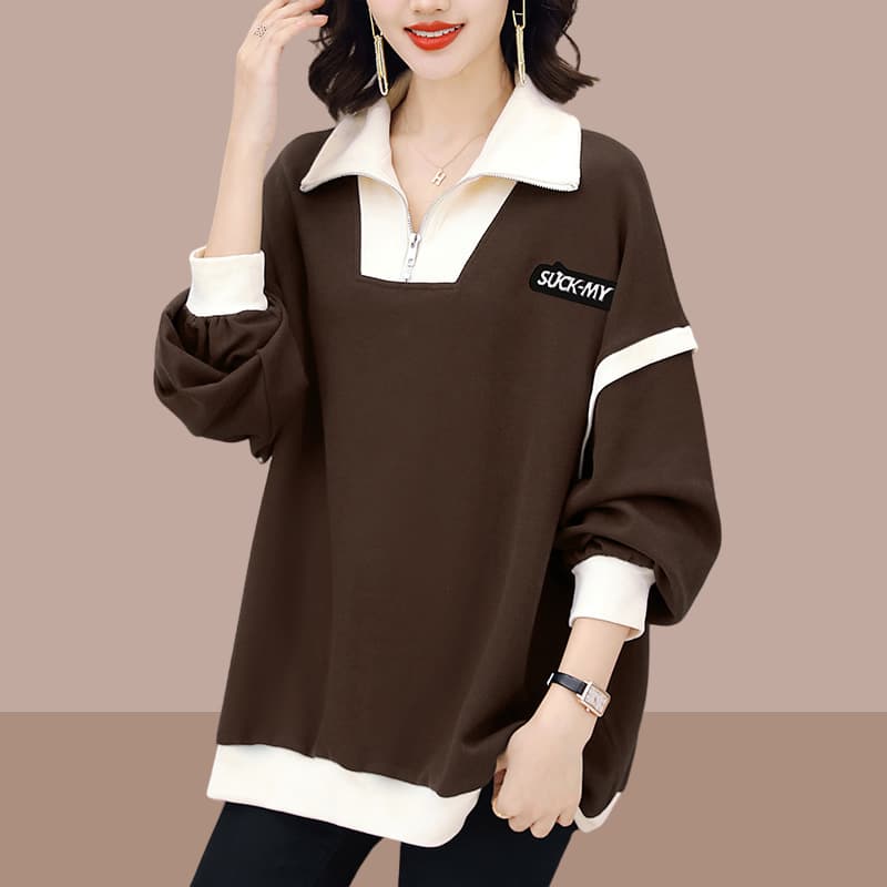 New spring and autumn Korean style plus-size lapel zipper color-block sweatshirt for women, loose mid-length casual fashionable top.