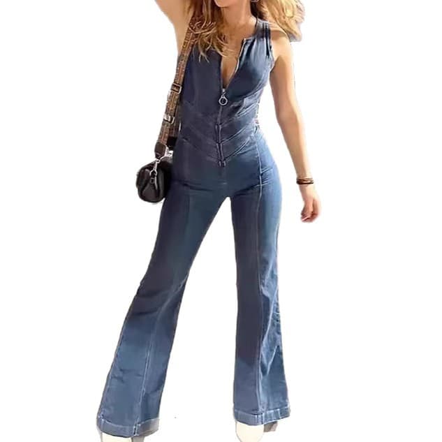 European and American Style Women's 2026 Summer New Slim Fit Sleeveless Fashion Street Vintage High Waist Denim Jumpsuit