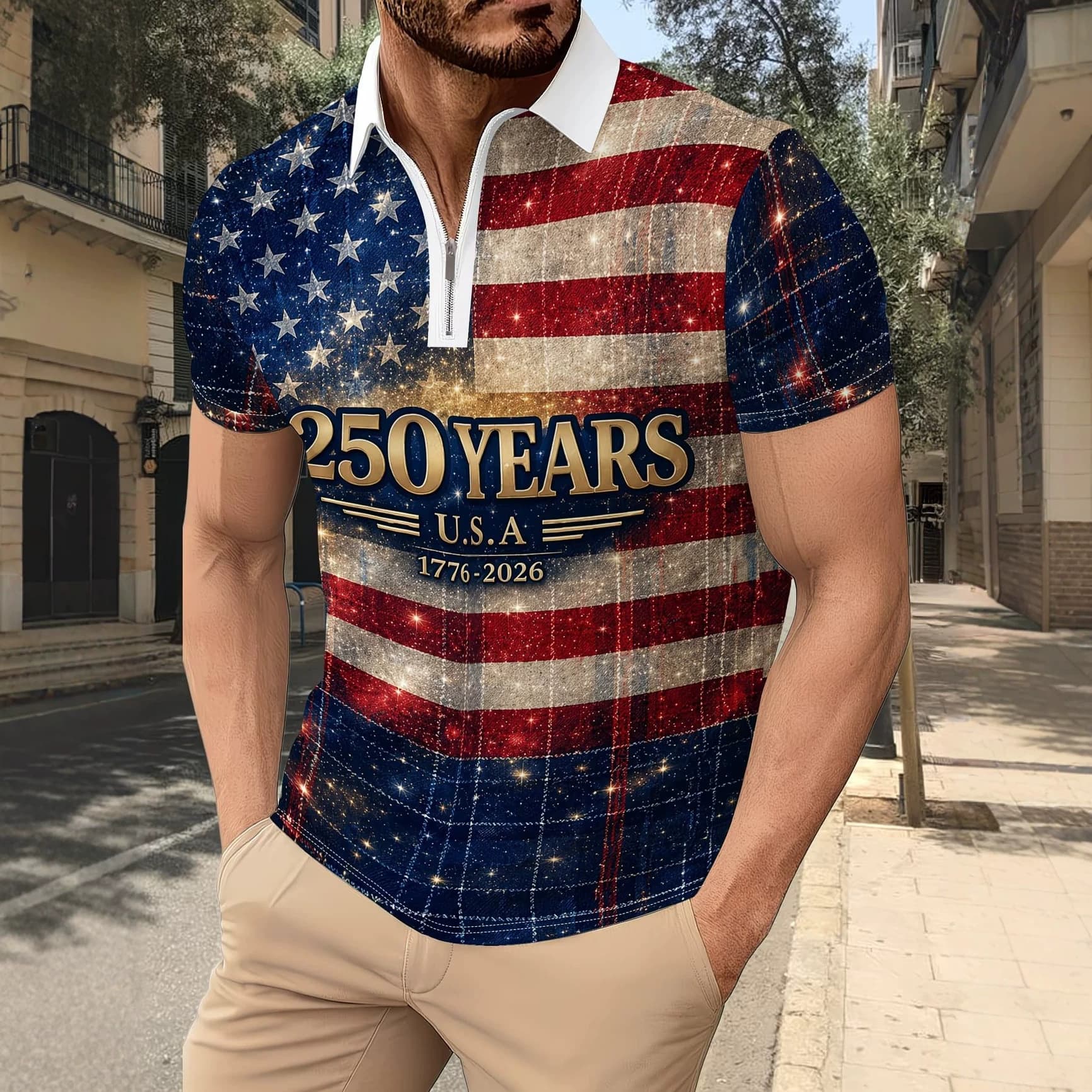 Cross-border hot style 1776-2026 commemorating Polo retro American flag 250YEARS half-zip short sleeves