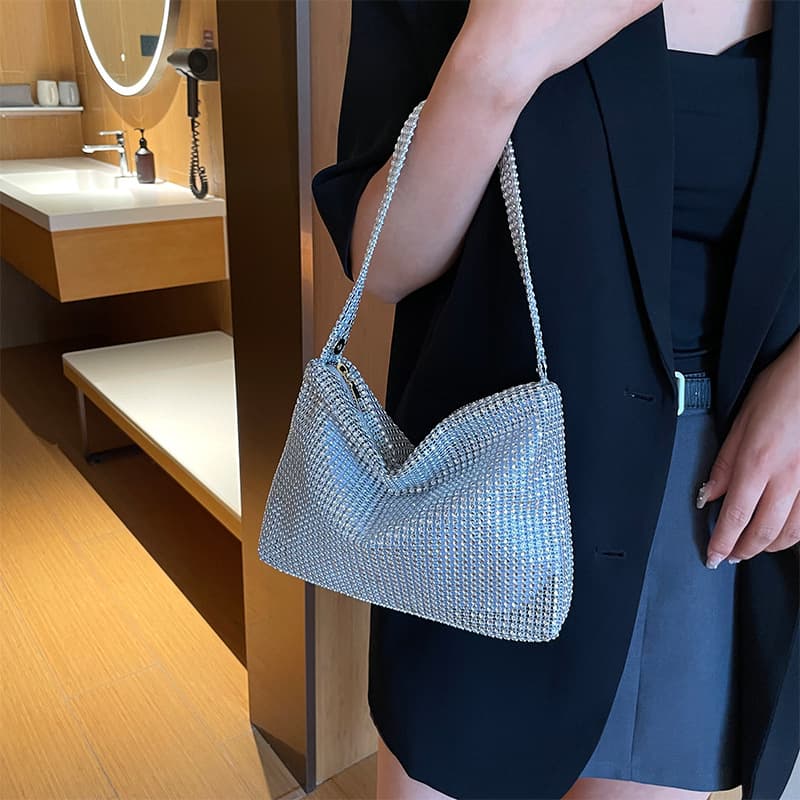 New Casual Women's Shoulder Bag Mesh Rhinestone Handbag Premium Texture Evening Bag Underarm Bag