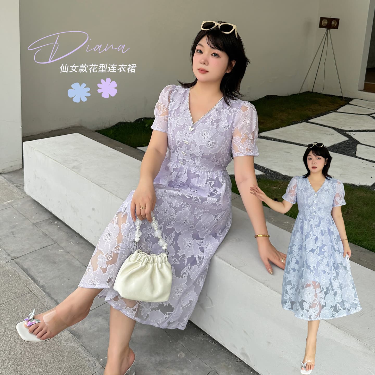 k3281 Plus Size Women's French V-Neck Tea Dress with Lace Cutout Summer Style for Curvy Women