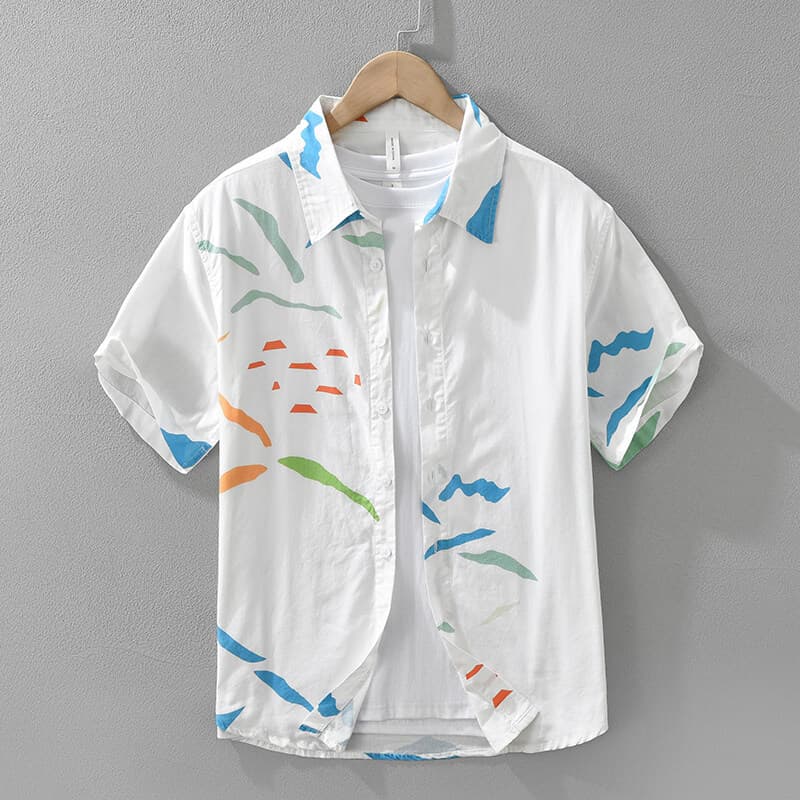 2025 foreign trade European and American men's spring new short-sleeved printed casual lapel large size men's shirts men's shirts