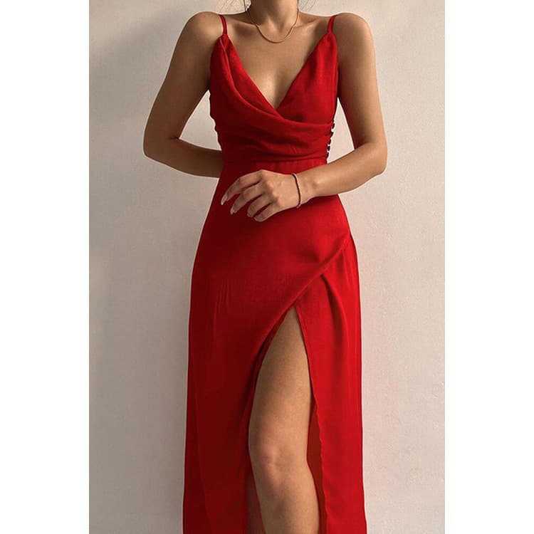 Amazon Europe and America 2025 new summer new sexy v-neck suspender slit fashion slim dress foreign trade women's clothing