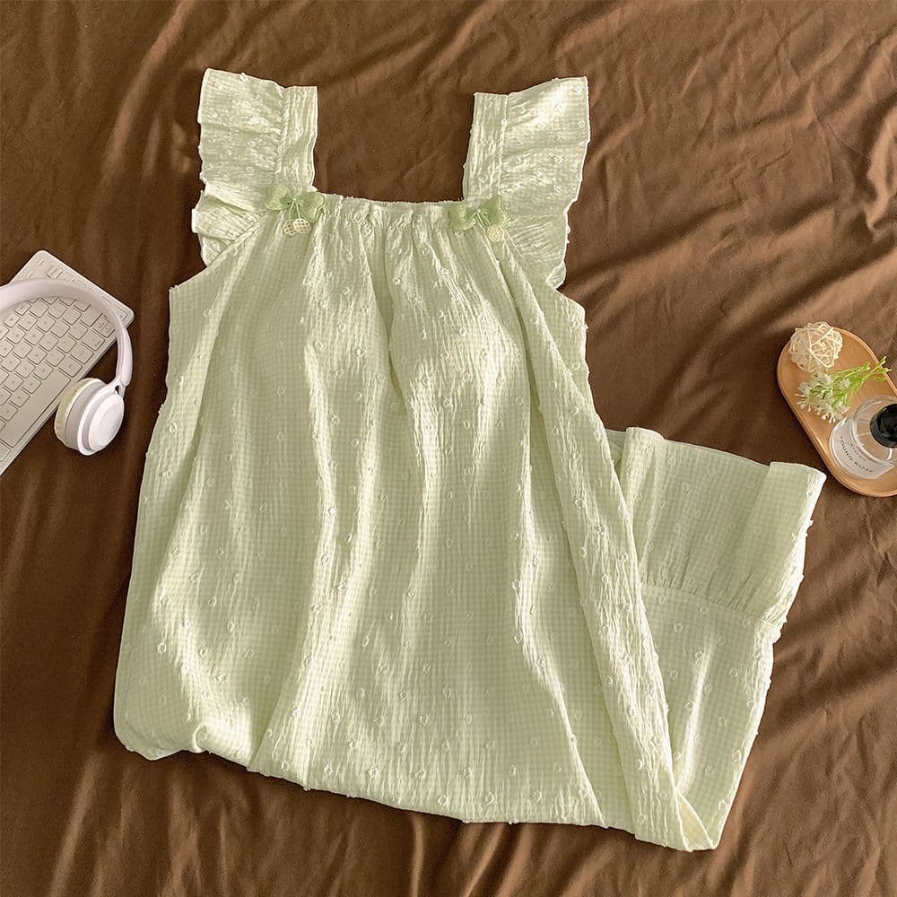 Direct Sales Camisole Sleep Dress with Padded Cups, Small Flutter Sleeves, Floral Grid 3D Jacquard, Handmade Lace Trim, Long Nightgown for Women