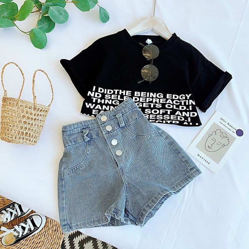 Girls suit summer dress summer style short-sleeved children's navel-baring top summer fashionable new short t-waisted