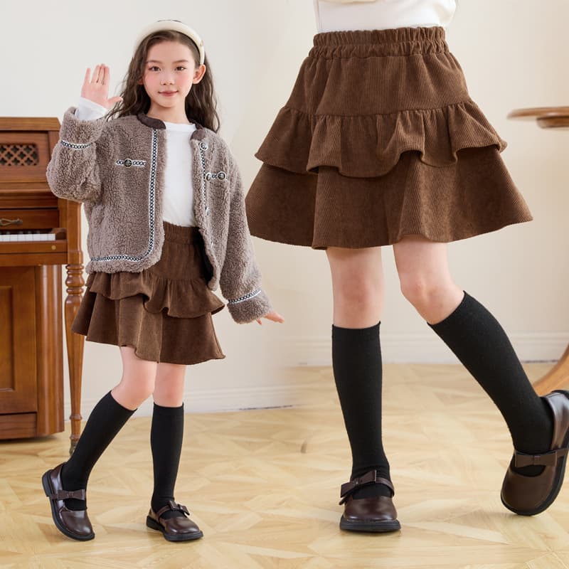 Children's Autumn Winter Half Skirt Sweet Ruffle Trim Corduroy Half Skirt Girls' Korean Style A-Line Puffy Pleated Short Skirt
