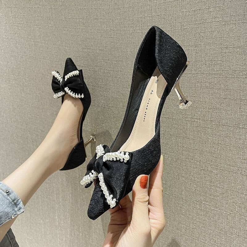 Women's Bow High Heel Shoes, Thin Heel, Gentle Mid Heel, 2025 New Fashion Side Cutout Pointed Toe Single Shoes