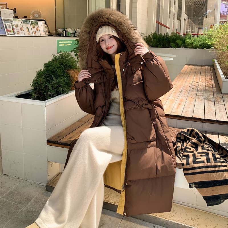 2025 Autumn/Winter New Long 90% White Duck Down Plus Size 200 Jin Color Block Hooded Raccoon Fur Collar Puffer Women's 239