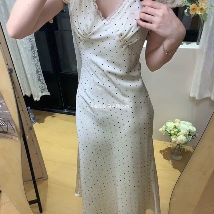 French lace collar polka dot dress for women 2026 summer temperament slim satin long skirt tulle skirt